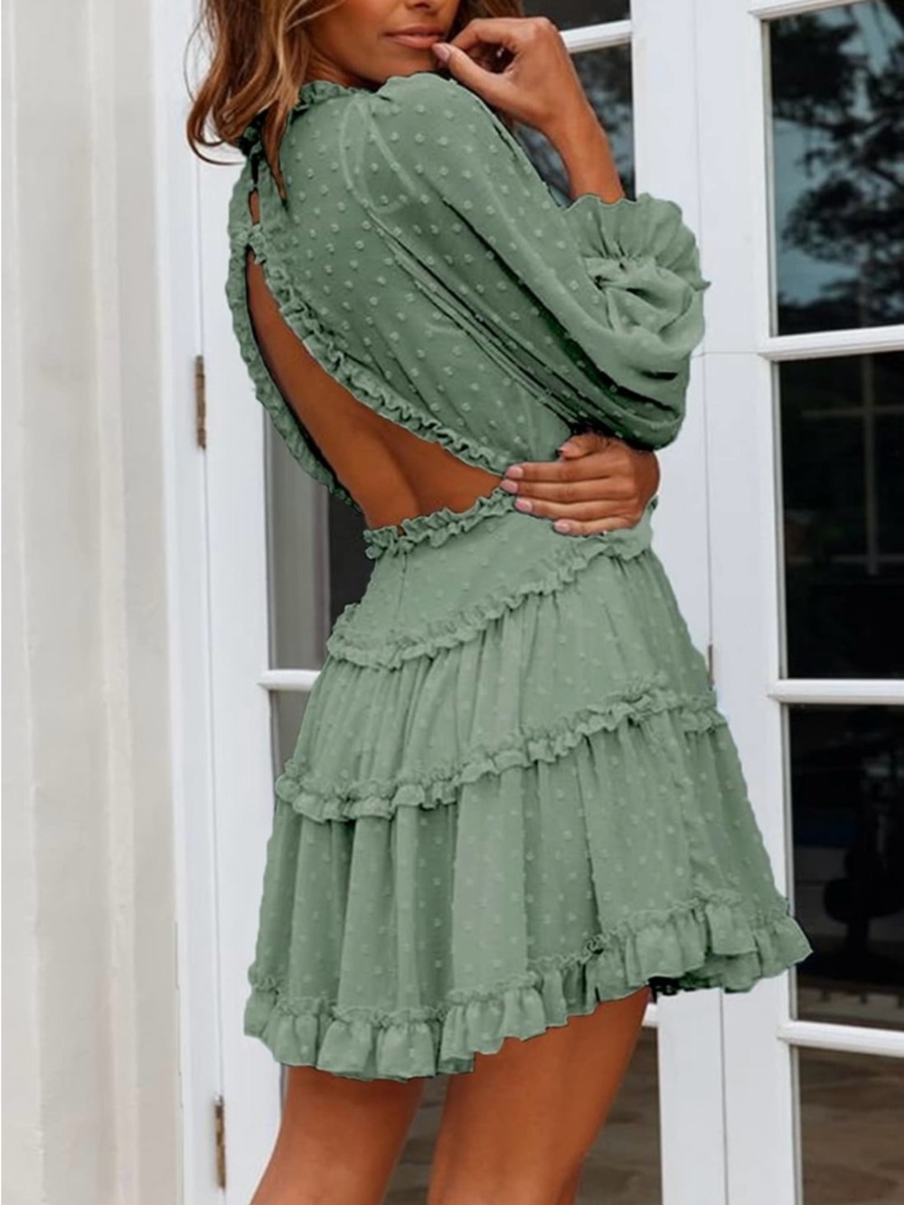Sage Green Swiss Dot Ruffle Tiered Mini Dress - Picture 2 of 3